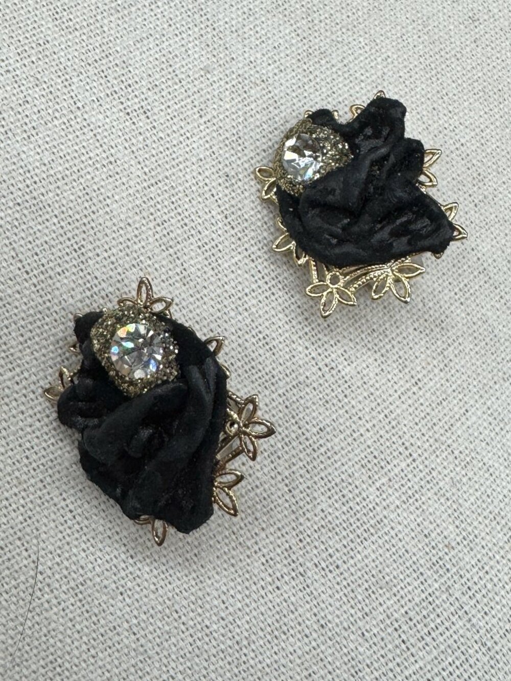 Vintage Clip on Earrings Mourning Costume Jewelry Black Fabric Gold Tone
